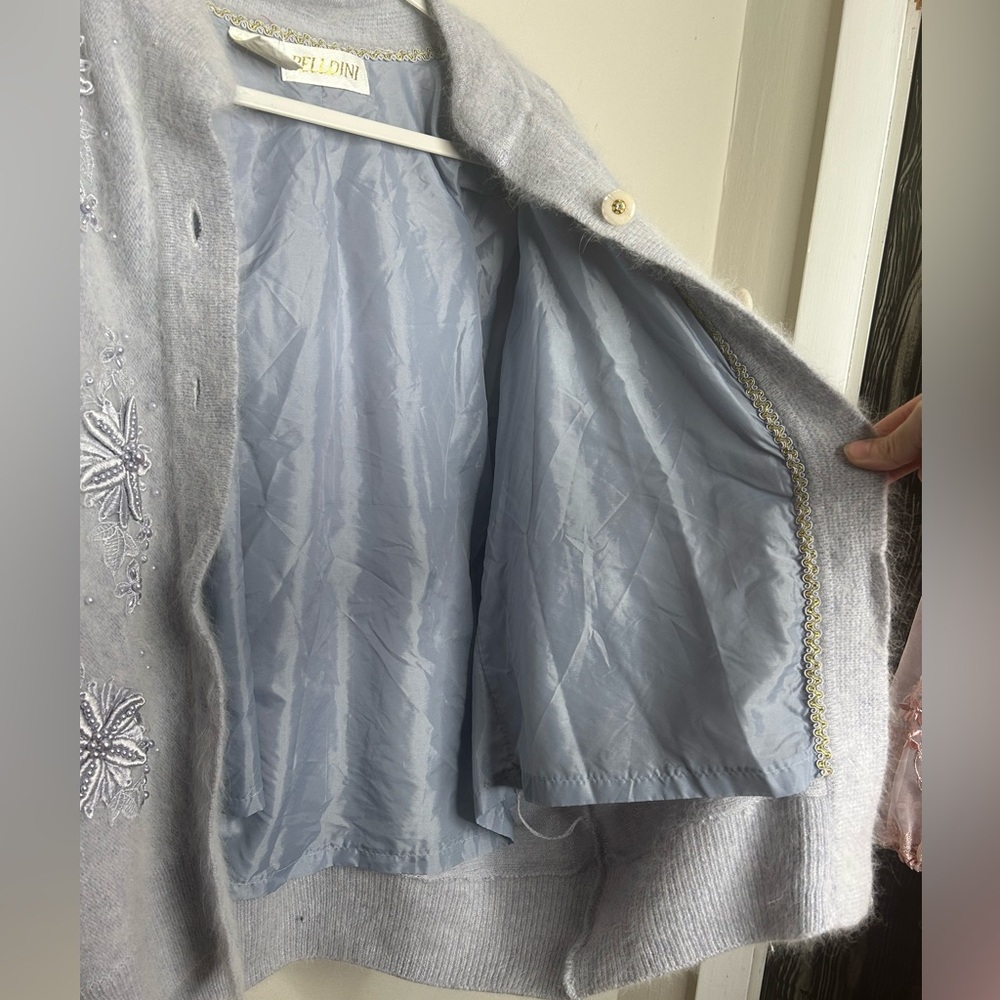 Vintage Pastel Blue Angora Rabbit Hair Lamb Wool Pearl Beaded Cardigan Sweater L - Picture 5 of 10